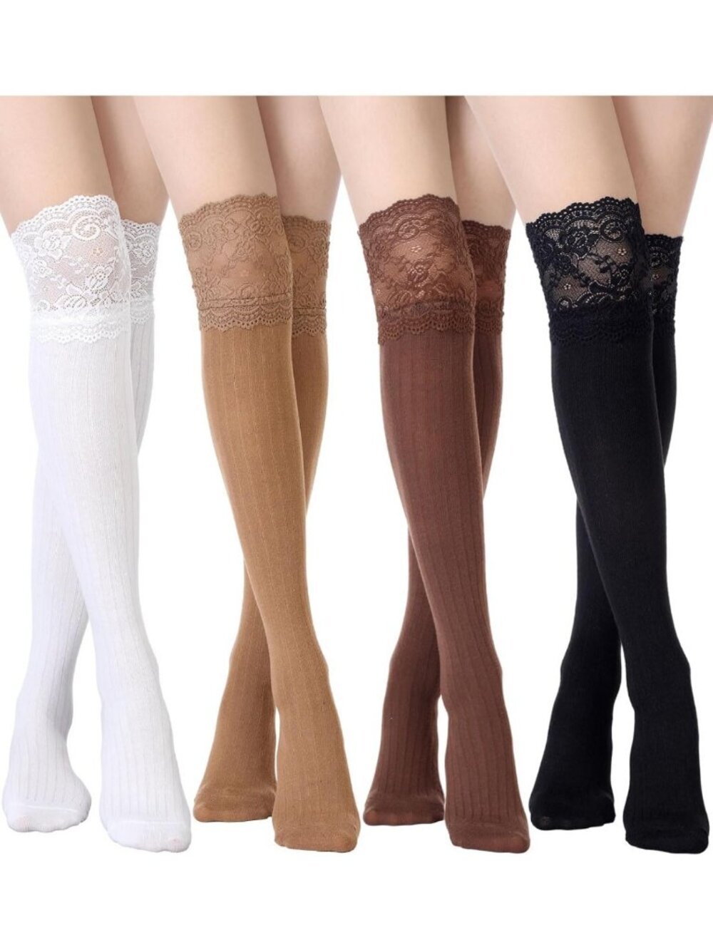 Knee High Lace Socks - 4 Pairs Women's Kawaii Long Stockings for Boots & Fashion